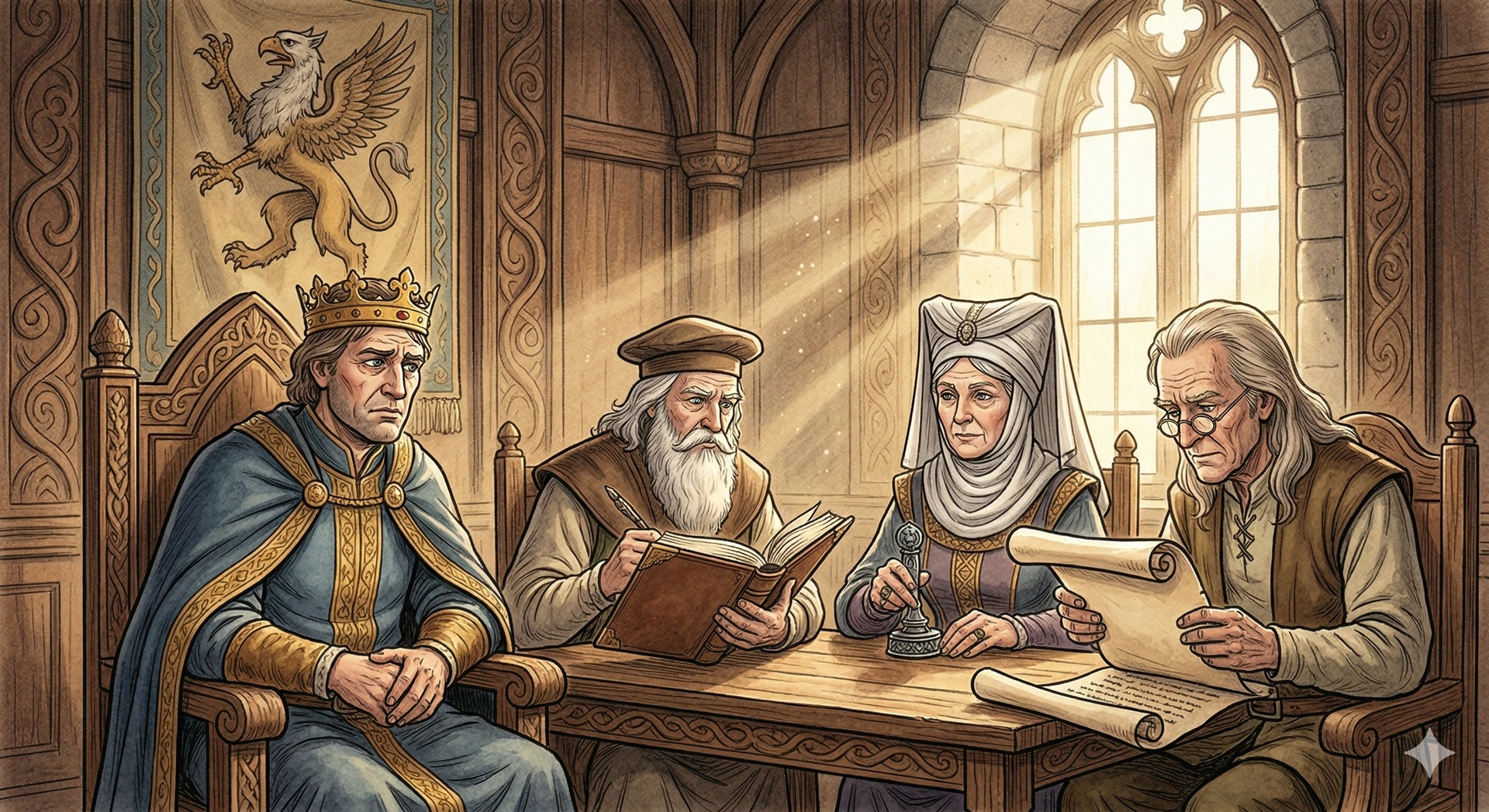 El Rey de Veridia consultando con sus sabios sobre seguridad en las comunicaciones.