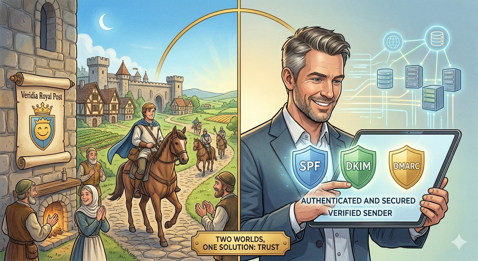 Comparación visual entre mensajería medieval y ciberseguridad corporativa moderna.