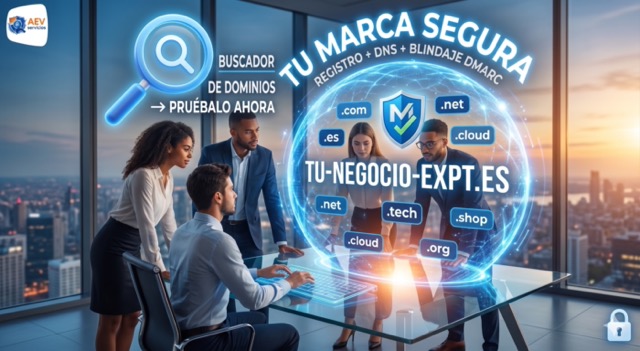 Equipo profesional analizando seguridad de dominios y blindaje DMARC en AEV Servicios